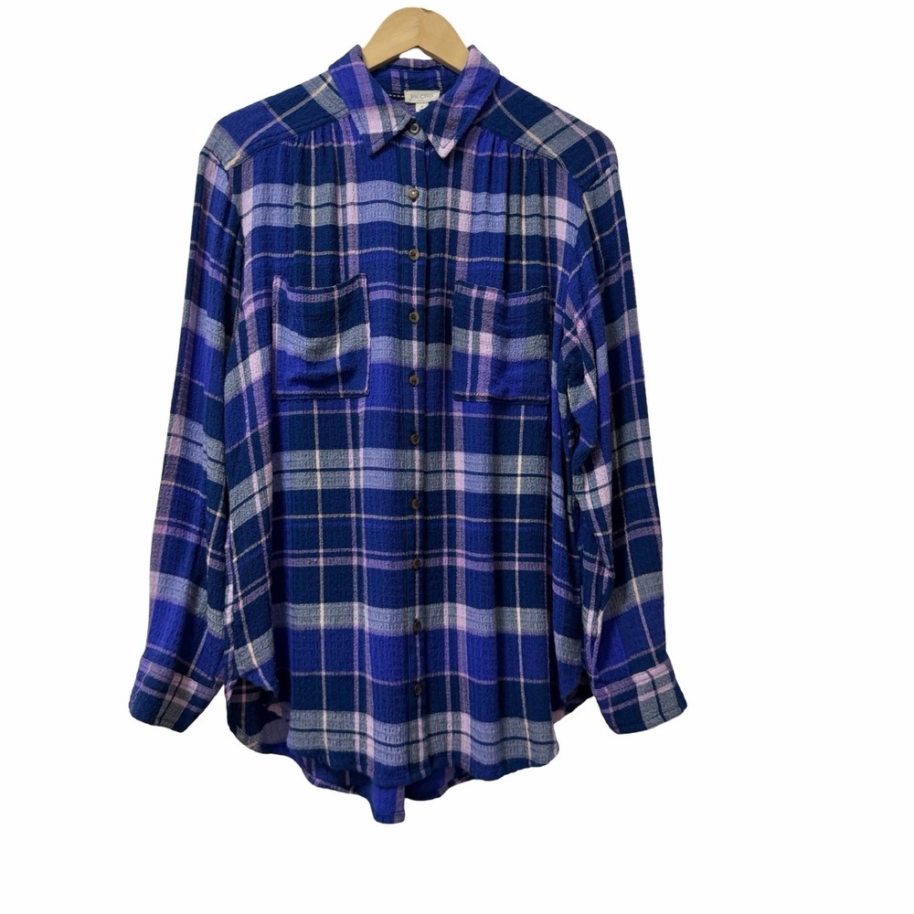 Anthropologie Pilcro Plaid Textured Button Up Shirt Size M Blue Boho Oversized